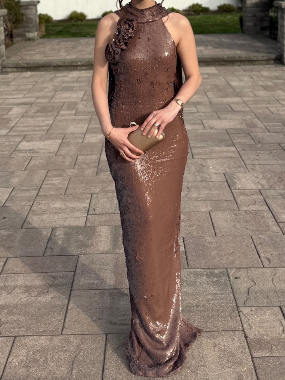 Sequin Halter Evening Gown in Chocolate Brown